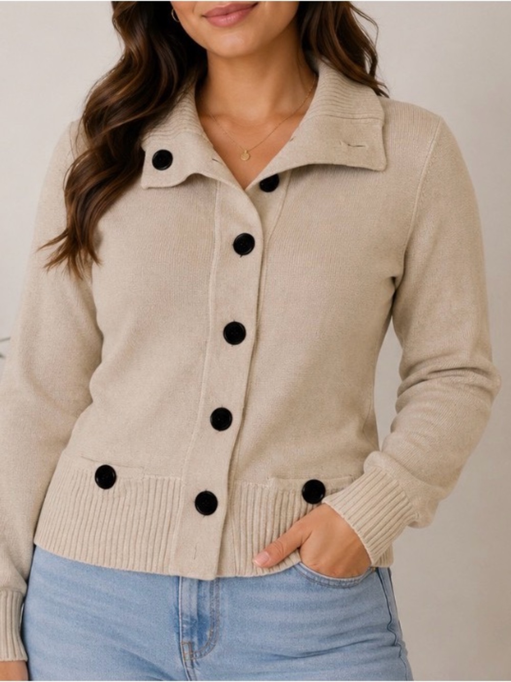 Jones New York Classic Beige Button-Front Women's Sweater Cardigan collared SZ L